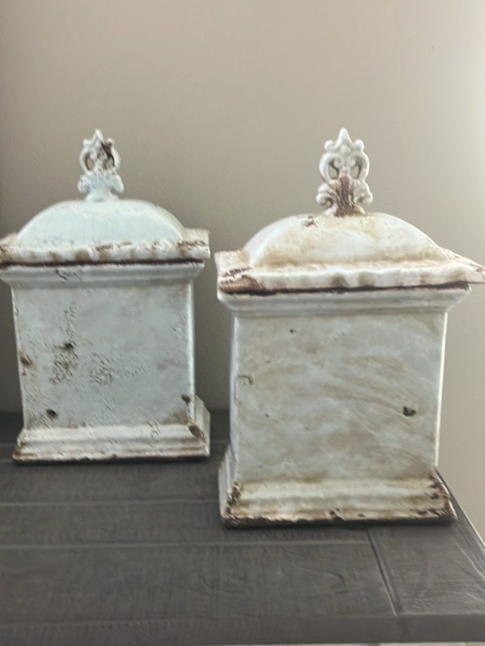 Set of 2 Vintage Shabby Chic Distressed Ceramic Canisters with Ornate Lids